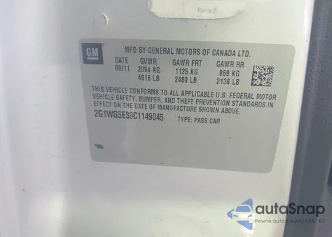 2012 Chevrolet Impala Lt z USA, uszkodzony, nr VIN 2G1WG5E39C1149045